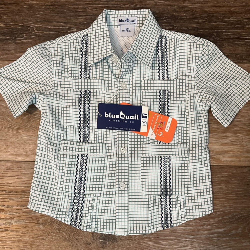 Blue Quail Boys' Green Grid Short Sleeve Shirt 12M NWT